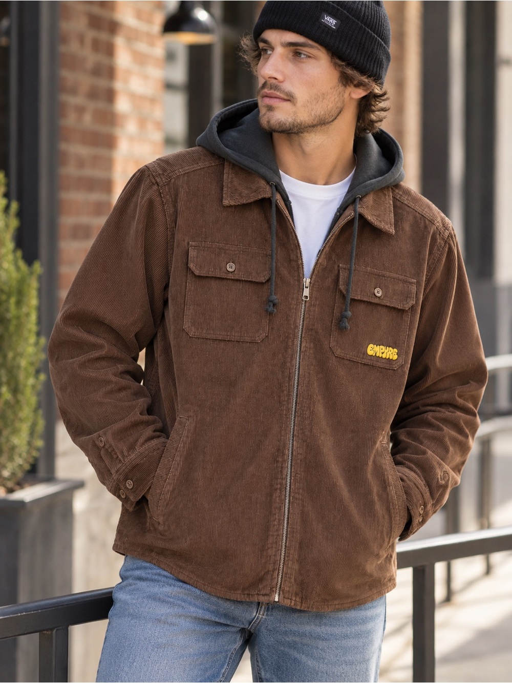 EMPYRE Brown Corduroy Hooded Shirt Jacket with Charcoal Hood